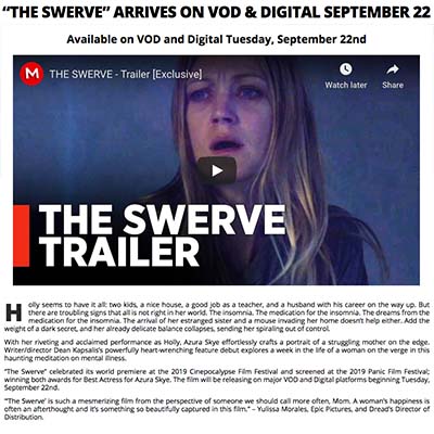 “THE SWERVE” ARRIVES ON VOD & DIGITAL SEPTEMBER 22